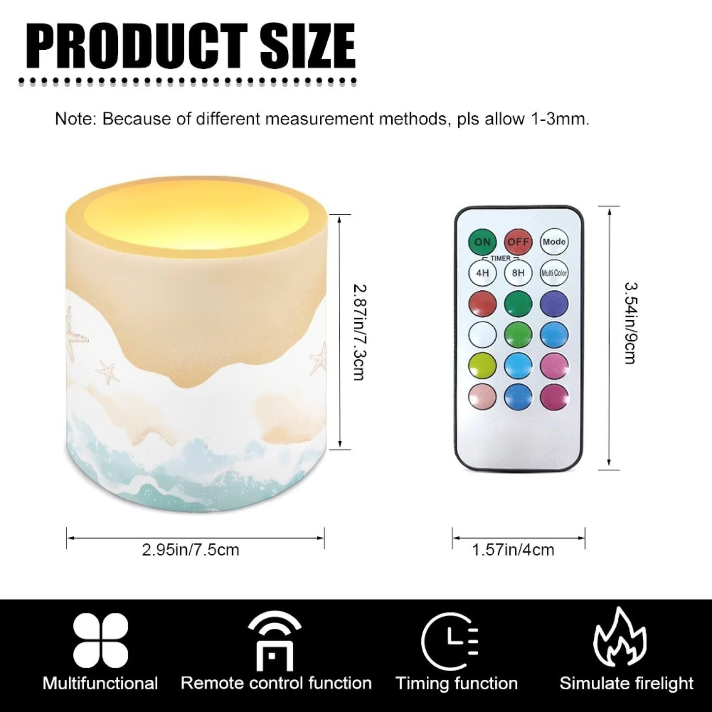 NETILGEN Beach Ocean Wave Decorative Flameless LED Pillar Candles with Timer Remote Control 4 Packs Set 3 inch Realistic Flickering Candles with Battery Powered