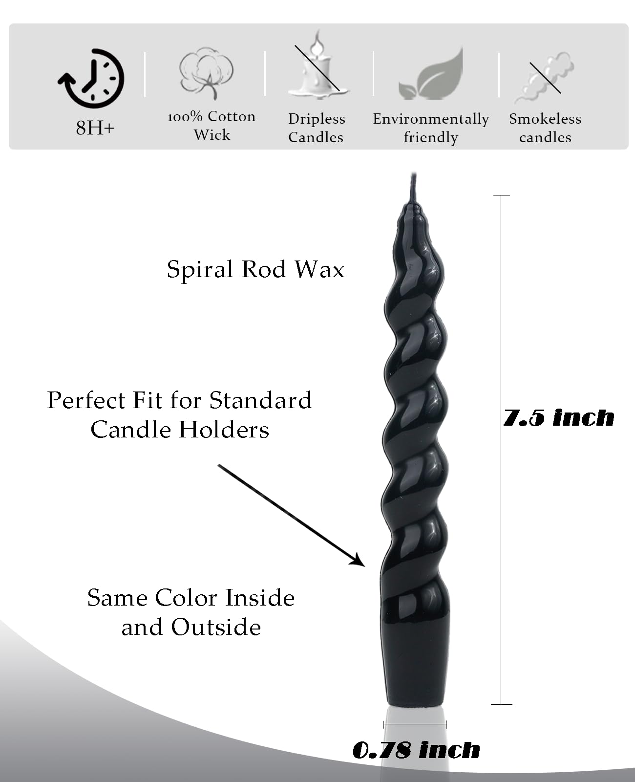 LPUSA Black Spiral Taper Candles Handmade Candlestick Candles Wax Unscented Dinner Candle Dripless for Wedding, Dinner, Holiday, Party, Home Decor Set of 4（7.6''Black