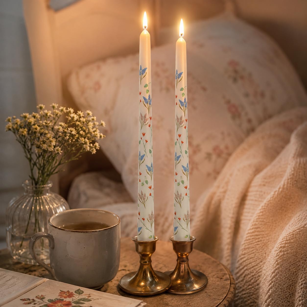 Hyacinth Printed Taper Candles Set of 2, 10 Inch Handmade Tapered Candles, Unscented Floral Candle Stick Style Candlesticks for Wedding Home Decor Gift