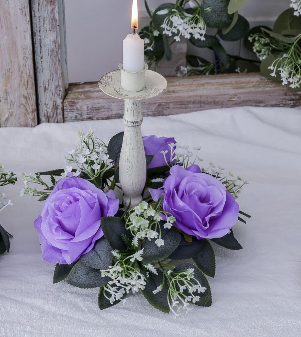2 Pack Artificial Rose Candle Rings,Floral Wreaths with Eucalyptus Leaves Greenery Garland for Pillar Candle Lantern Wedding Centerpiece Party Home Table Decor (Purple)