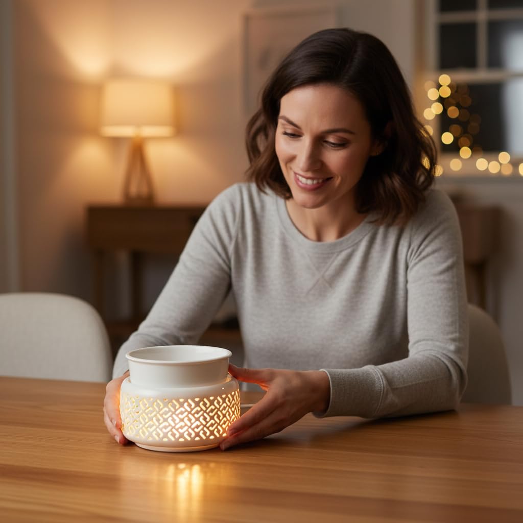 Ceramic Candle Warmer and Wax Melt Warmer with 7 Colors LED Night Light and 1 PC Silicone Liner,4-in-1 Electric Warmer for Jar Candle Wax Cube Essential Oil Coffee, Ideal Gift for Home Office Kitchen