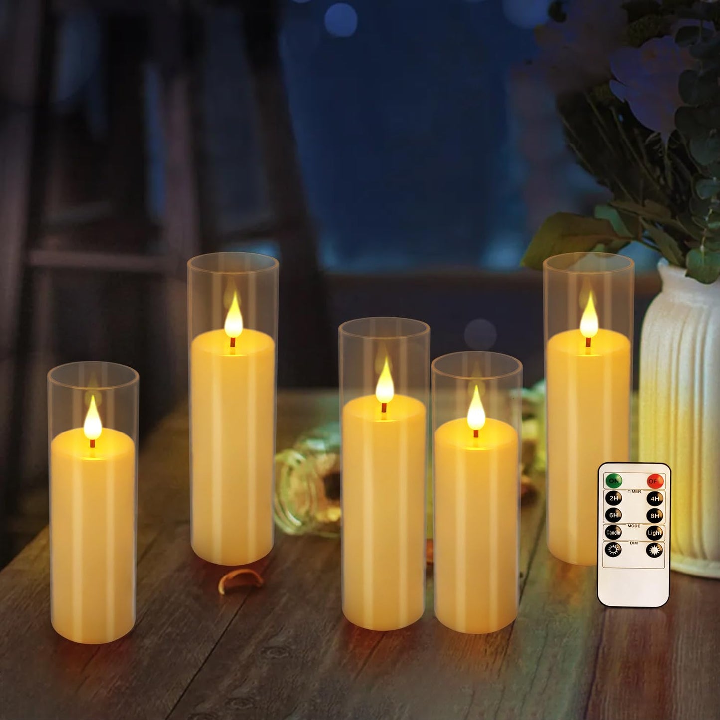 fclayvts 12 Packs of Acrylic LED Candles, Flickering Flameless Candles Battery Operated with Remote Dimmed and Timed, 3D Wick Candles for Home Decor,Wedding,Gift，Parties and Festivals. (3 Size Ivory)