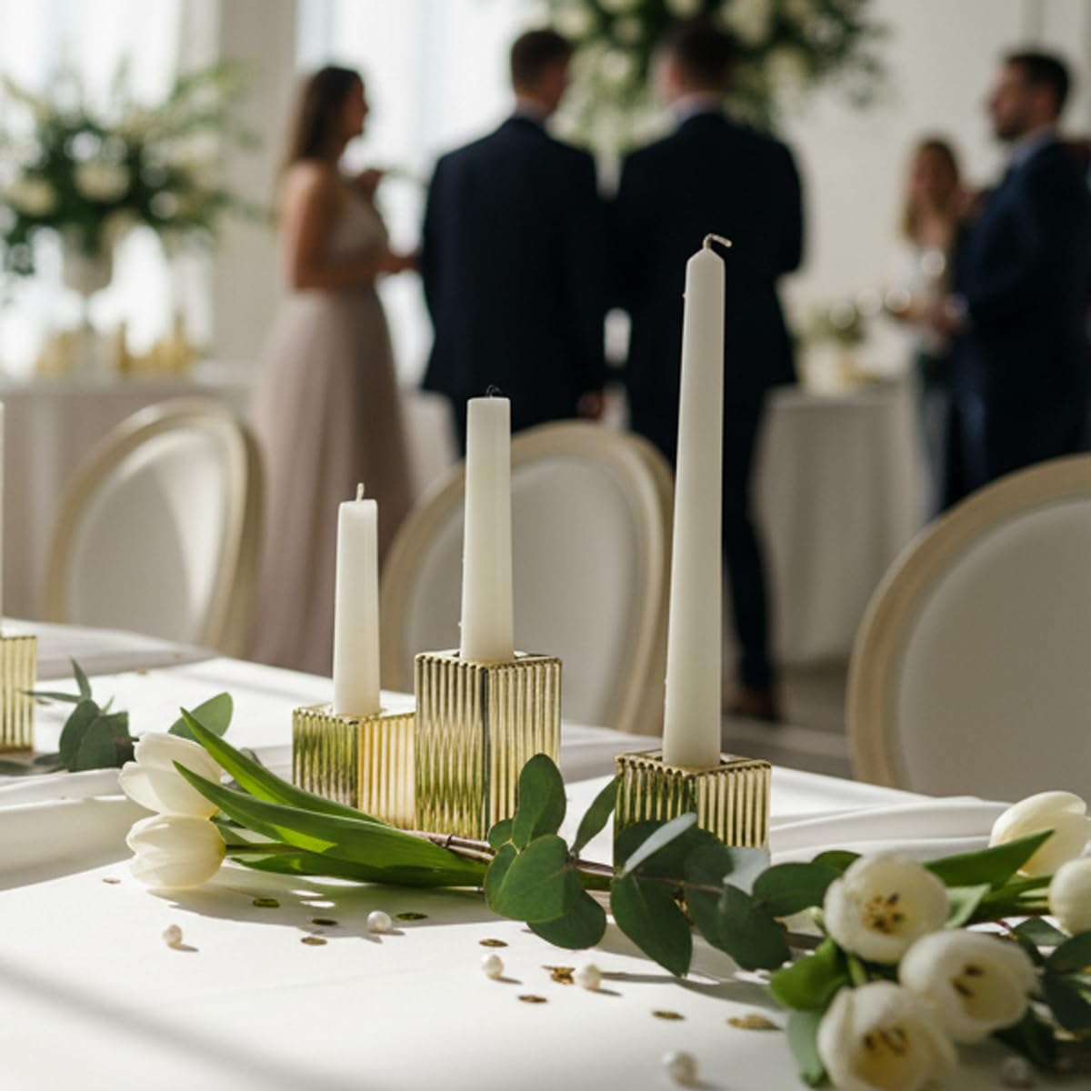 LETINE 12pcs Gold Vertical Stripe Glass Candlestick Holders - Chic Taper Candle Sticks Holder Set for Elegant Dining & Home Decor - Wedding Centerpieces, Parties, and Celebrations