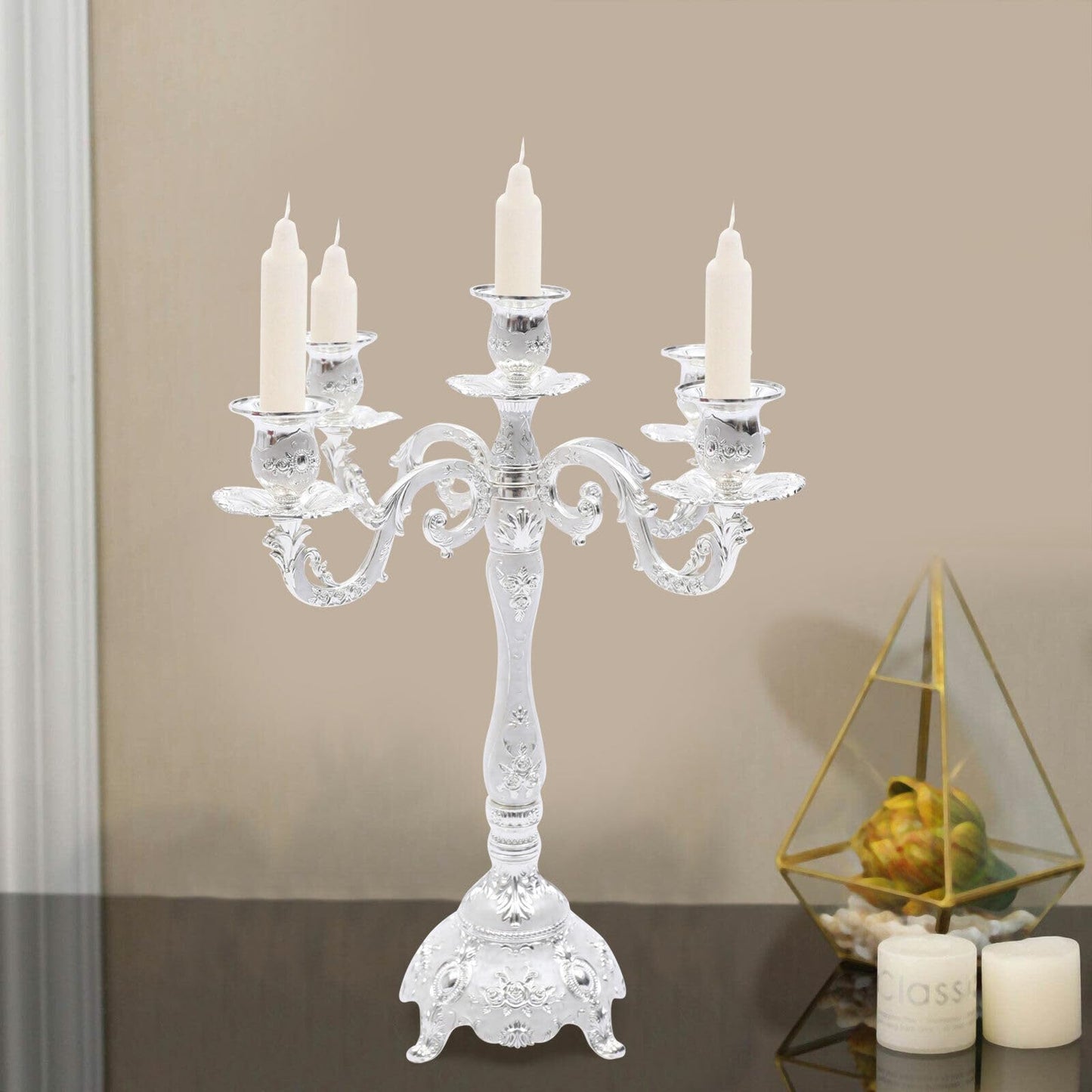 Headery Elegant 14.56”H Mental Tall Candelabra,5 Arm Candle Holder Candlestick Holder, Taper Candle Holder with Three-Dimensional Carving for Wedding Dinner Party Chrismas Ceremony Home Decor(Silver)