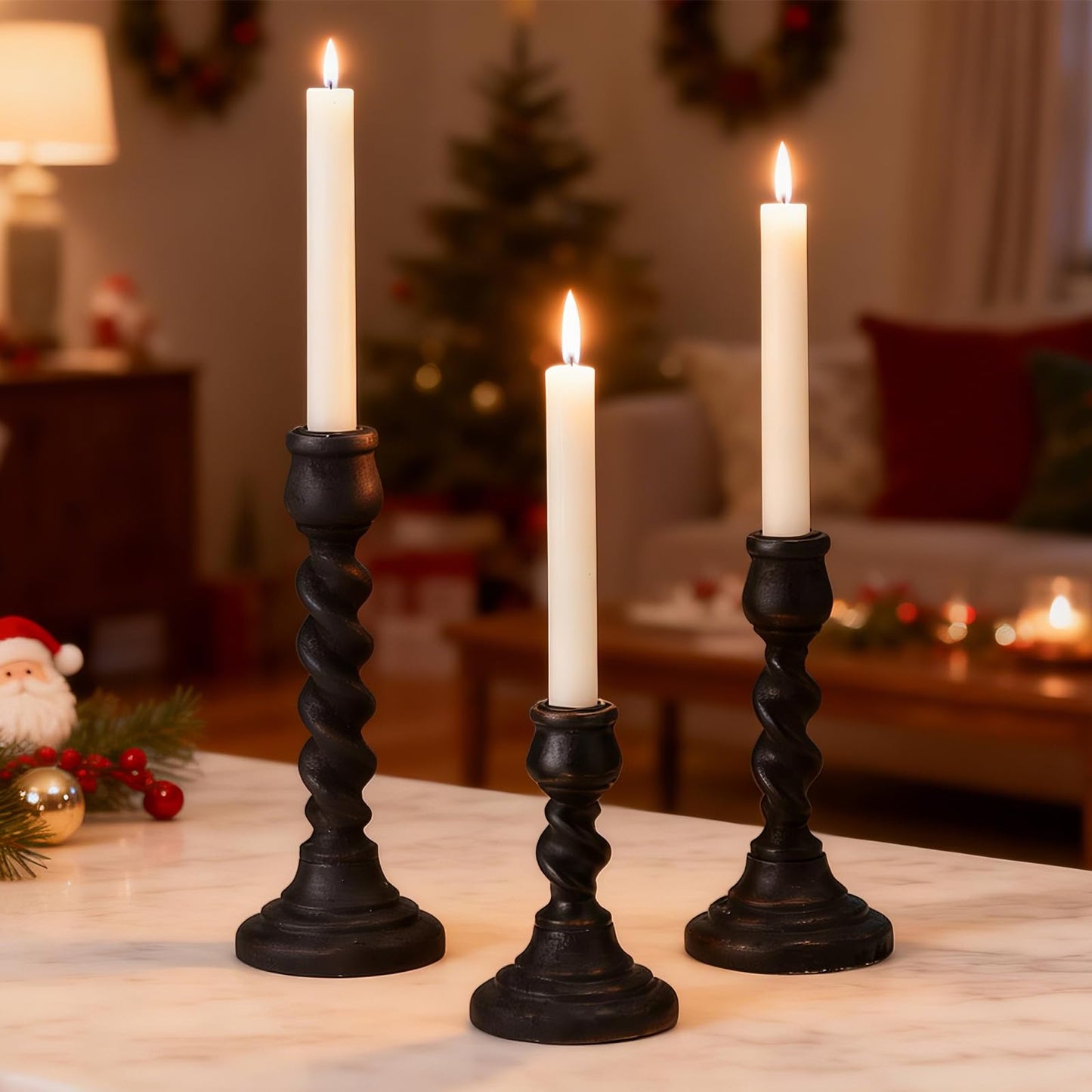 Candlestick Holders, 3 Pcs Rustic Black Candle Holder for Pillar Candles, 100% Solid Wood Decorative Candle Holders Distressed Wooden Farmhouse Candle Holder Large for Fireplace Table