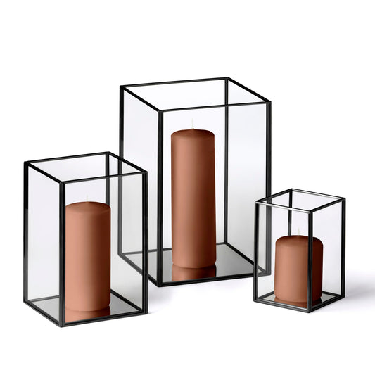 Yummi Set of 36 Slim Pillar Candles & Black Luxus Lanterns - Cappuccino