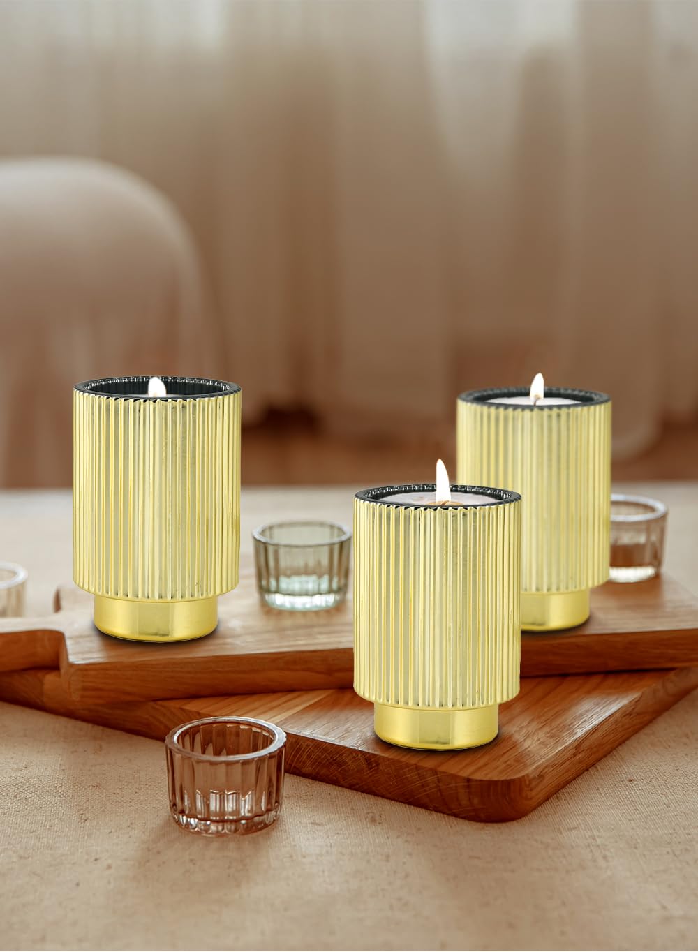 Serene Spaces Living Gold Ribbed Pedestal Glass Votive Holder, Table Centerpiece, Home, Office, Wedding, Birthday, Holiday & Special Events Decor, 3.5" Diameter & 5" Tall