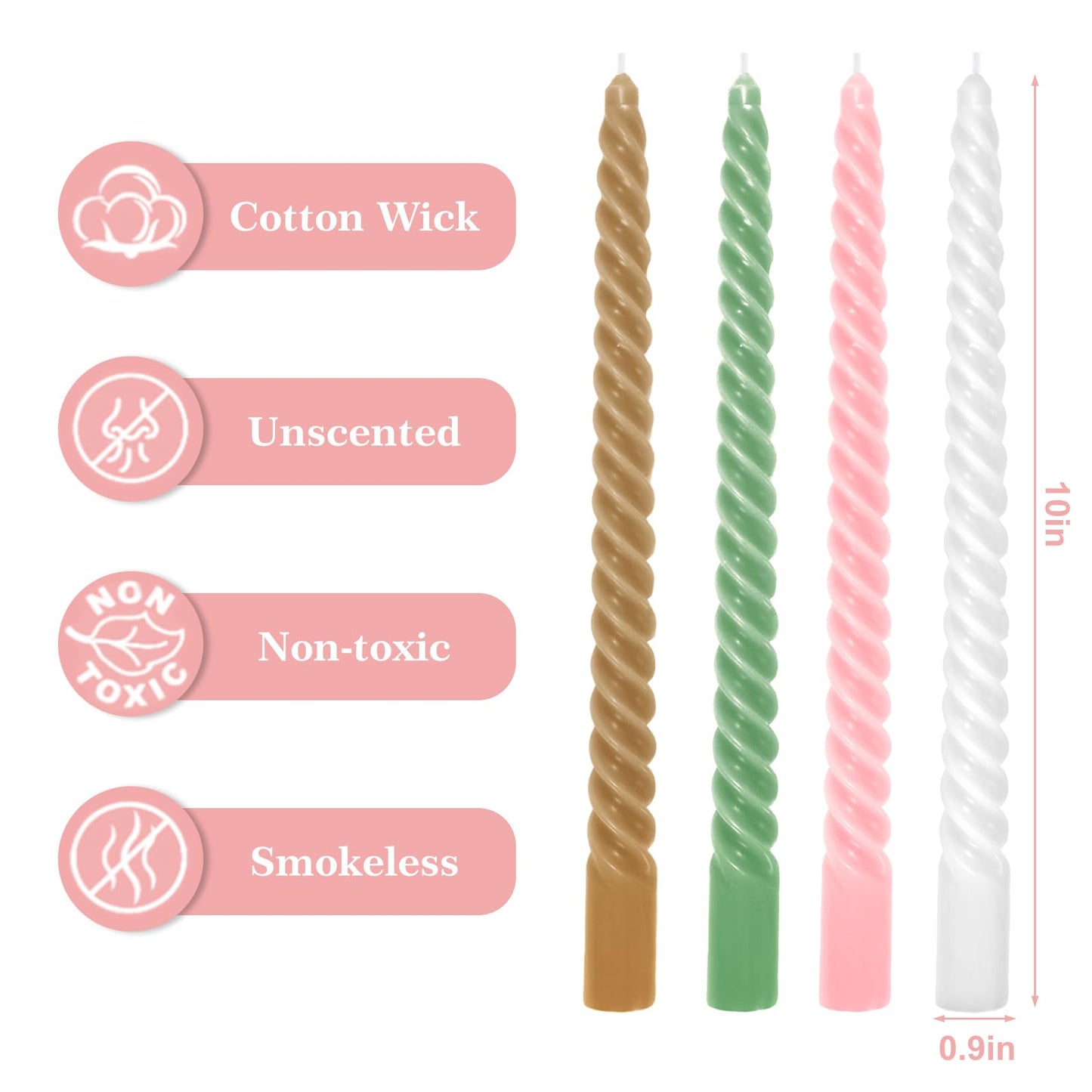 Whaline 8Pcs 10 Inch Christmas Pink and Green Spiral Taper Candles Dripless Twisted Wax Candles Long Unscented Candle Sticks for Home Party Dining Table Decor (Pink, Green, White, Gold)