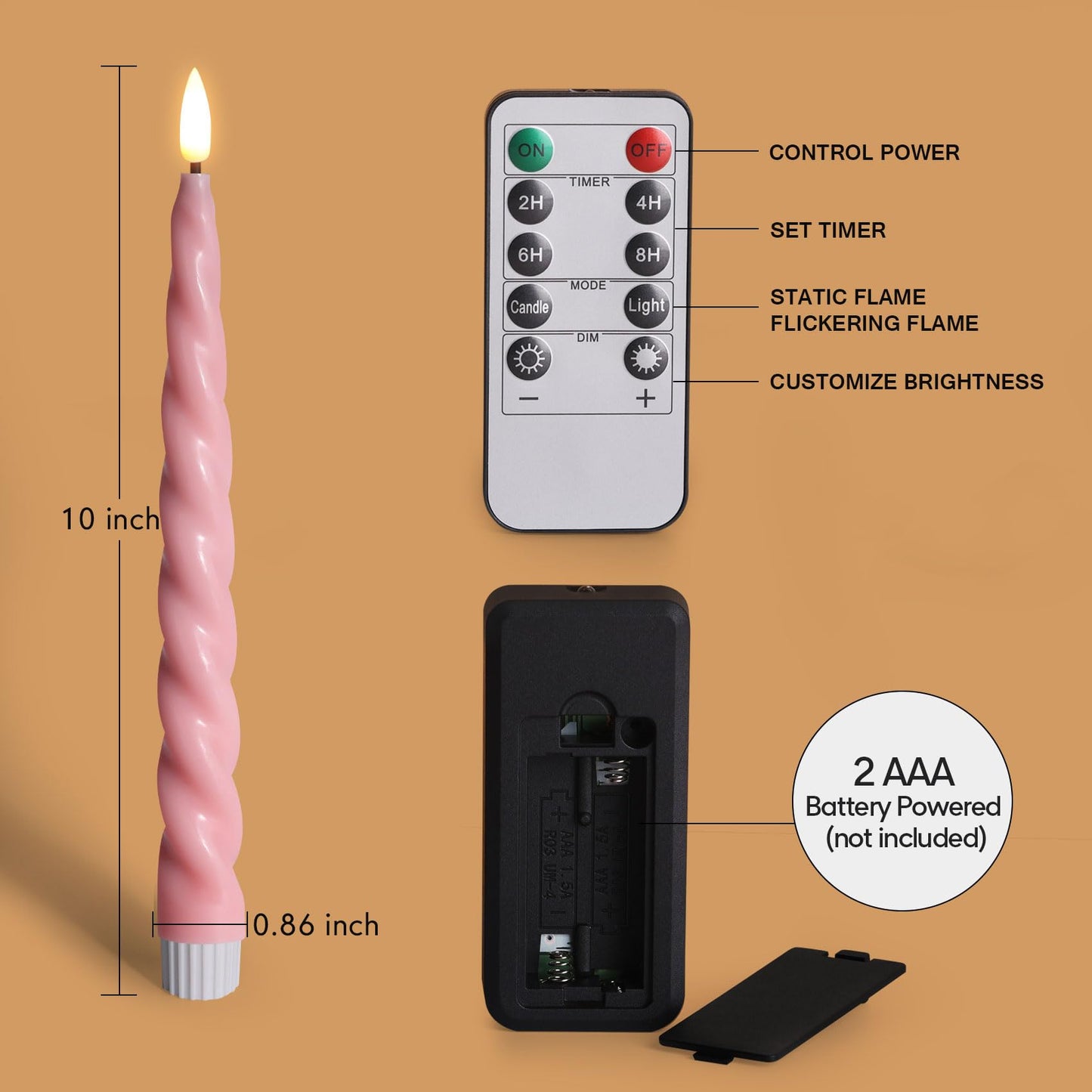 Girimax Pink Flameless Taper Candles with Remote, Spiral Candles Battery Operated, Flickering LED Wax Candlesticks Set of 6