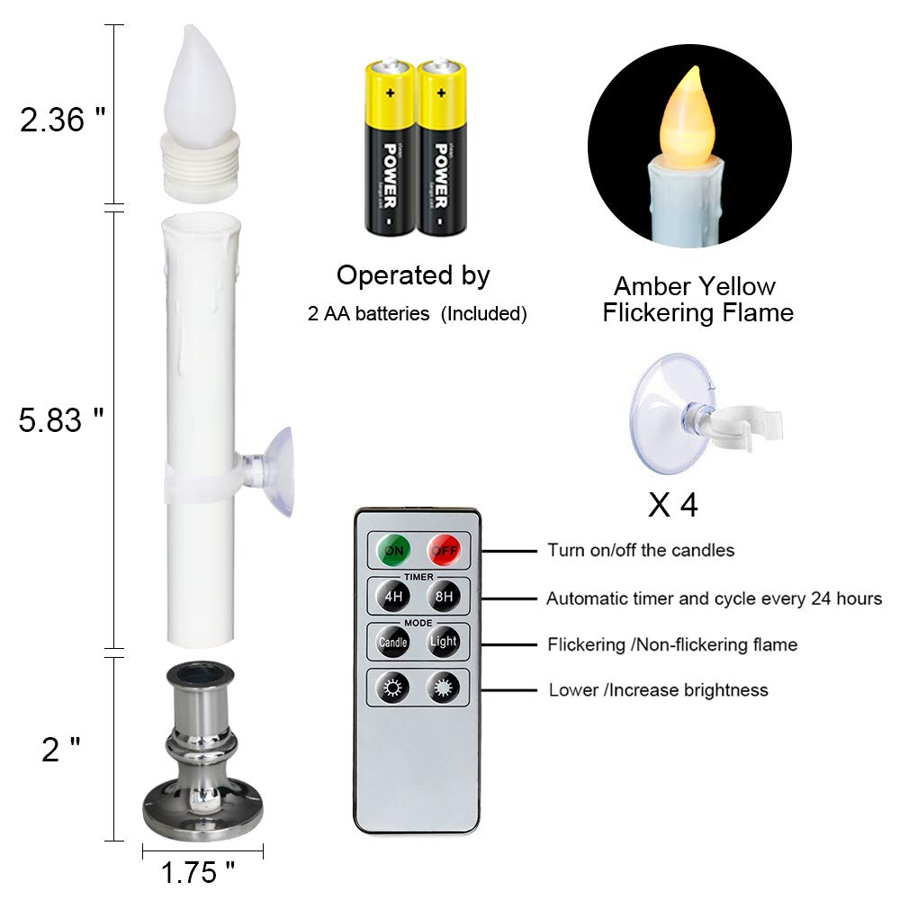 Wondise Flameless Window Candles with Remote and Timer, Battery Operated Flickering Candles with Silver Holders and Suction Cups, Battery Included, for Holiday Decoration, Set of 4(D1 x H7 Inch)