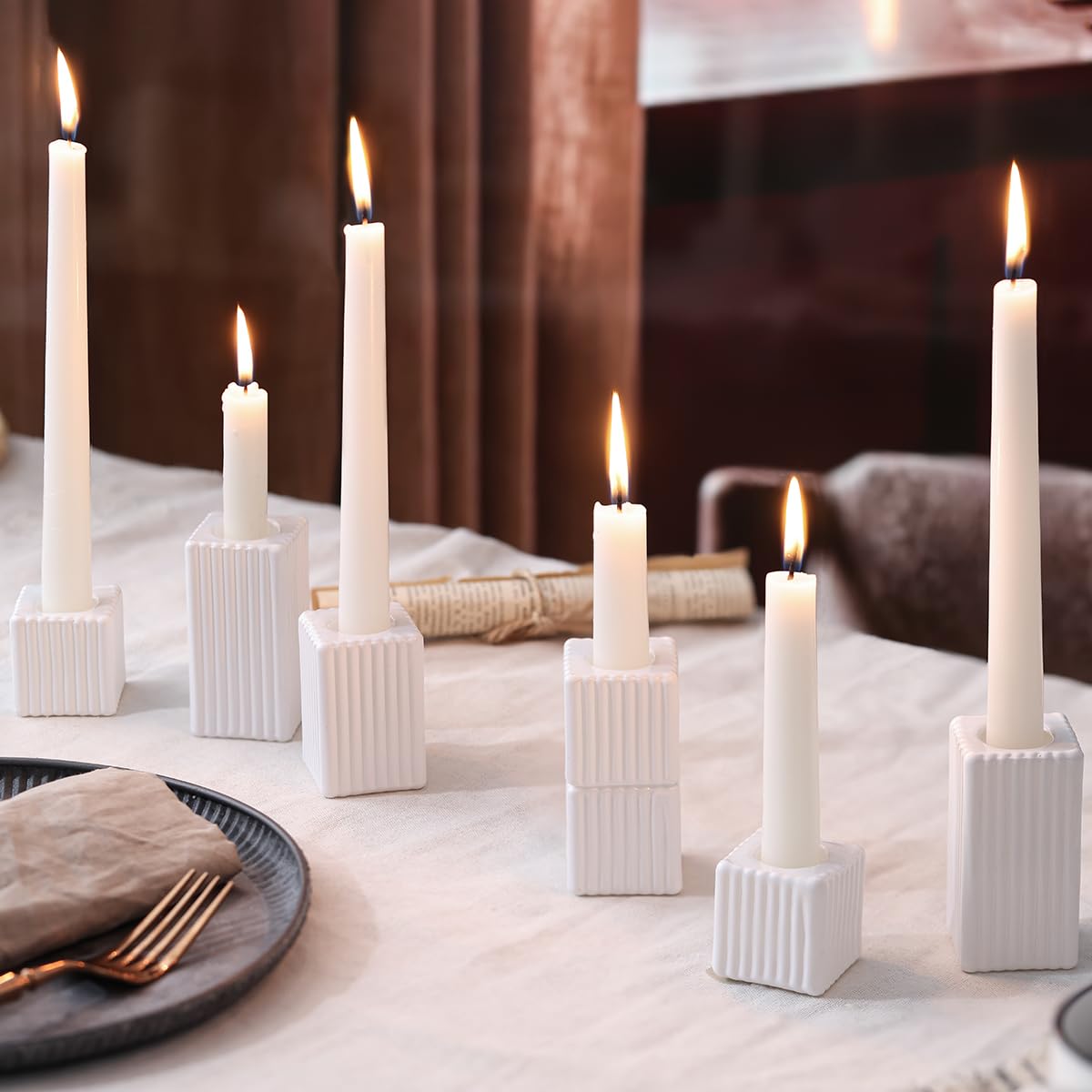 LETINE 12pcs White Vertical Stripe Glass Candlestick Holders - Chic Taper Candle Sticks Holder Set for Elegant Dining & Home Decor - Ideal for Wedding Centerpieces, Parties, and Celebrations