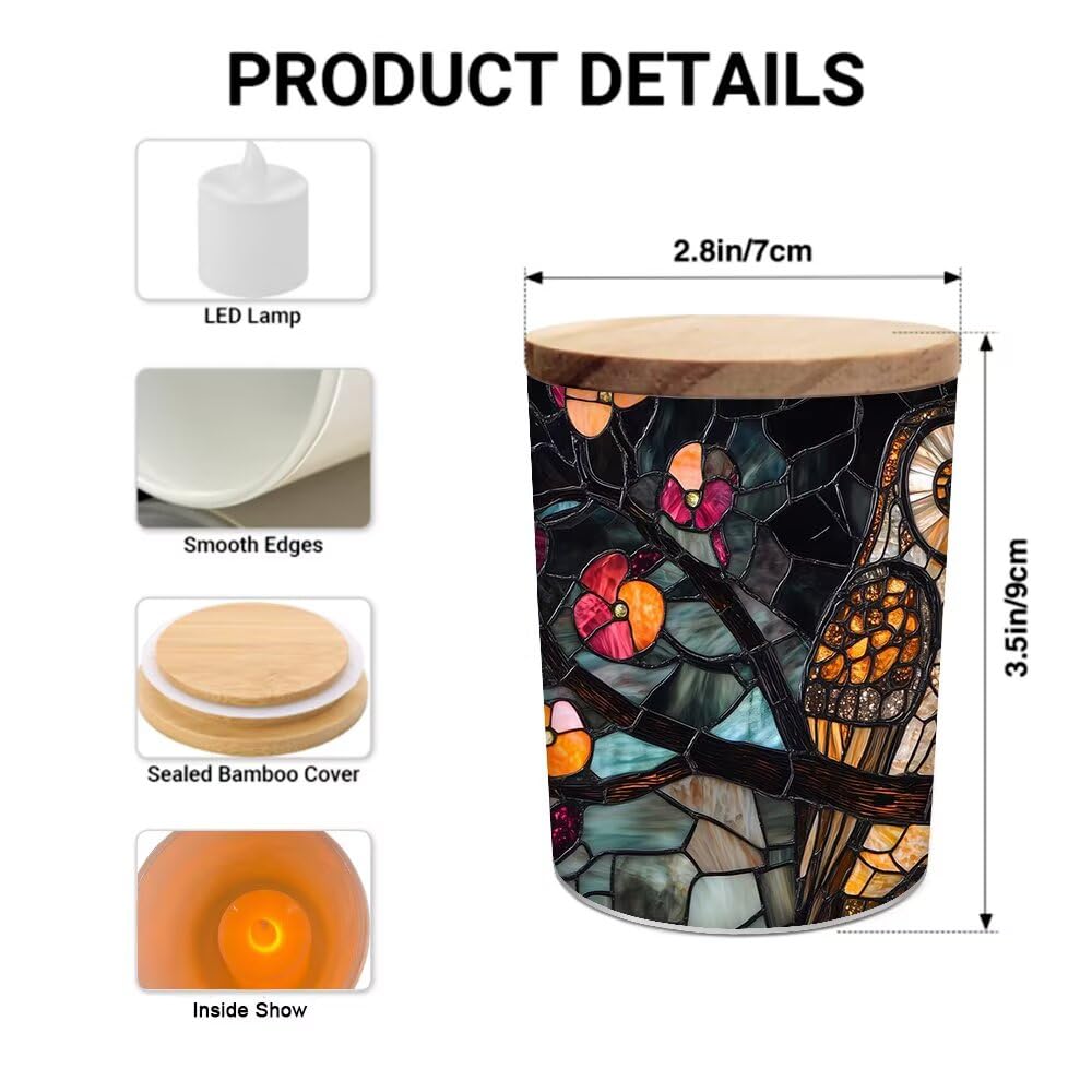 Stained Glass Owls Tea Light Candle Holders, Spring Blossoms Tealight Candle Holder Jar with Wooden Lid, Votive Candlesticks for Table Centerpieces, Christmas,Birthday Party,Home Decor