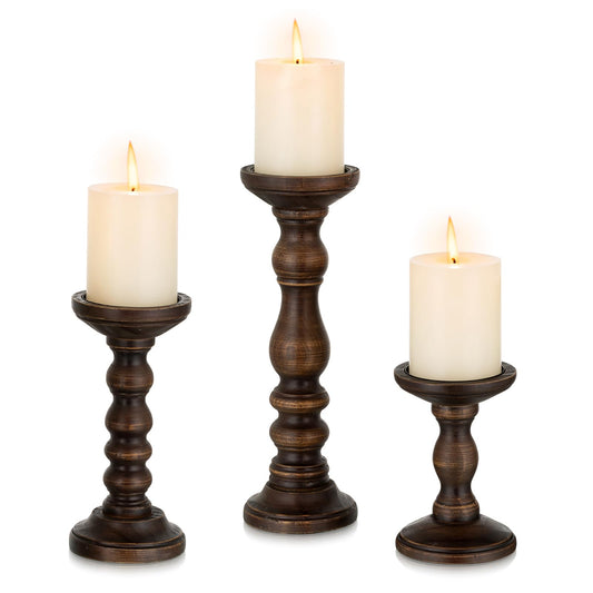 Romadedi Wood Candle Holders for Pillar - Set of 3 Tall Rustic Vintage Wooden Candlestick Holder, Farmhouse Candle Stand for Fireplace Mantle Shelf Table Home Decor, Dark Brown, 6"/ 8.3"/11.8"