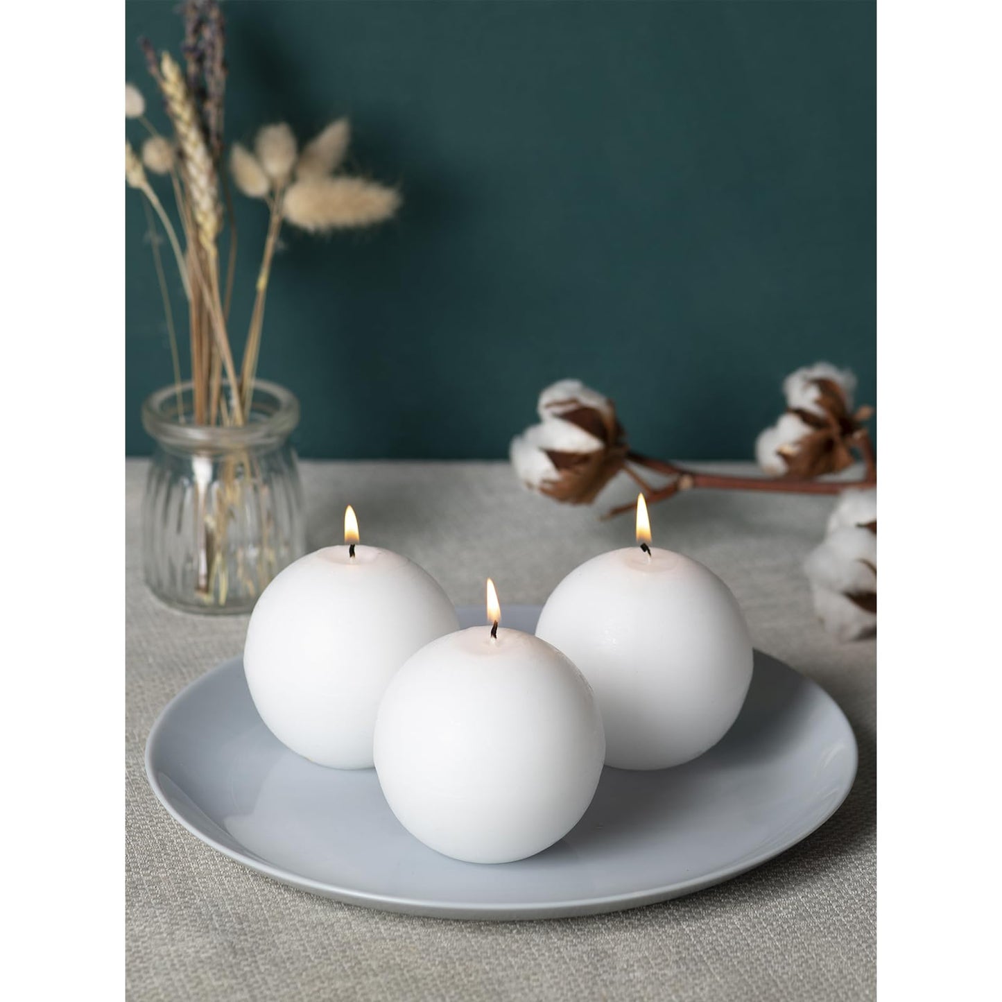CANDWAX Set of 3 Round Candles Ball 3 inch - Snowball Spheres - Perfect as Wedding Decorations and as Spheres for Home Decor - Unscented Smokeless Dripless Long Burning White Candles