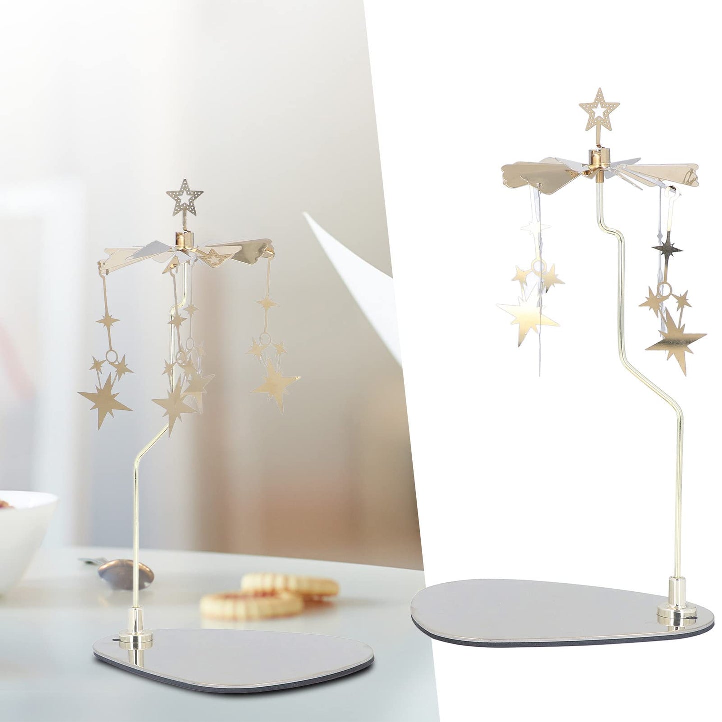 Rotating Candle Holder, Romantic Heat Activated Spinner Decoration for Home Wedding Stainless Steel Gold 13 x 10.5cm Tray 18cm Stand 1 Set
