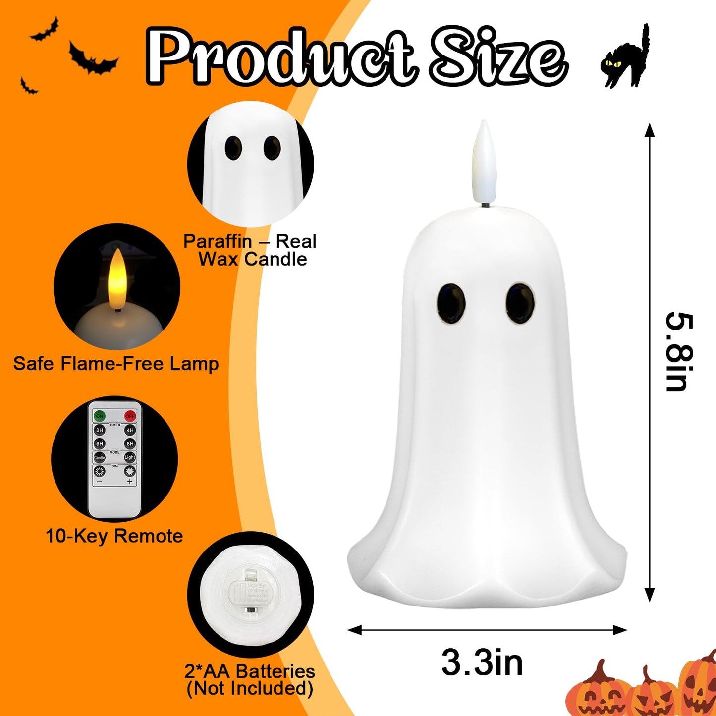 Halloween Ghost Flameless Candle with Timer – LED Candle with Flickering Flame, Real Wax, Remote Control, Spooky Halloween Decorations Indoors, Cute Tabletop Decor for Mantel Home, Battery Operated