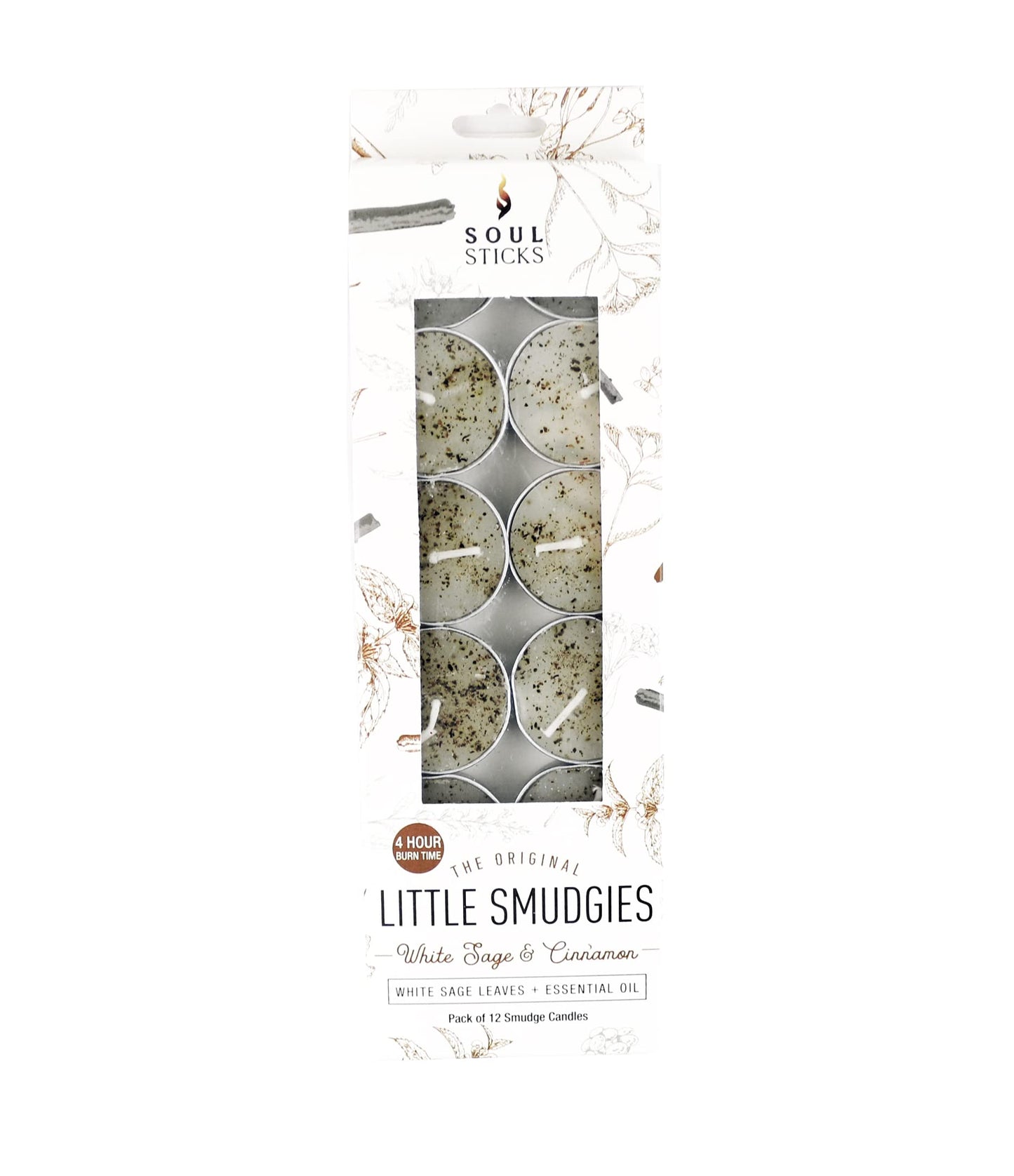 SOUL STICKS 12 Pack Little Smudgies Tealight Candles Smudge Candle for Cleansing House, Meditation, Chakra Healing | Made with Crystals and Herbs (White Sage & Cinnamon)
