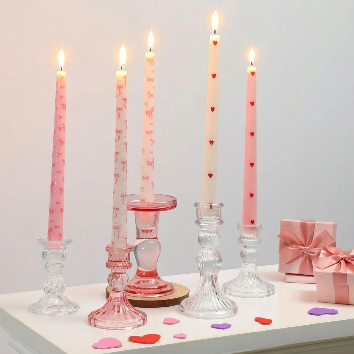 Bokon 10 Pcs Valentines Day Taper Candles with Candlestick Holders Pink Bow Heart Coquette Taper Candles Galentines Party Decor for Valentine's Day Girlfriends' Weddings Anniversaries Birthday