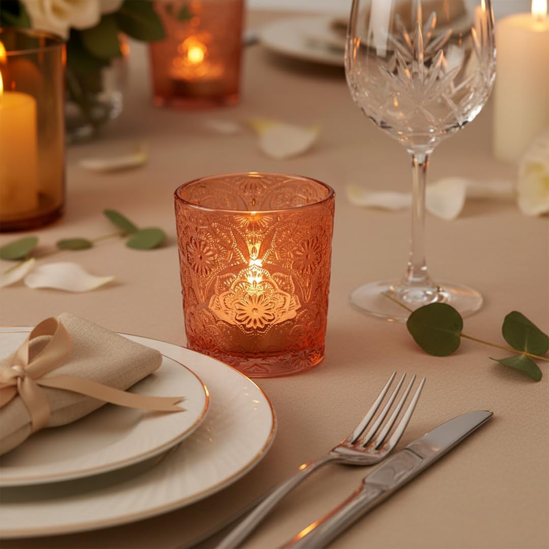 6 Pack Mandala Embossed Glass Candle Holders – Votive Tealight Holders with Patent Design, Decorative Embossed Glass Cups for Wedding Centerpieces, Parties, and Home Décor (Pumpkin Spice)