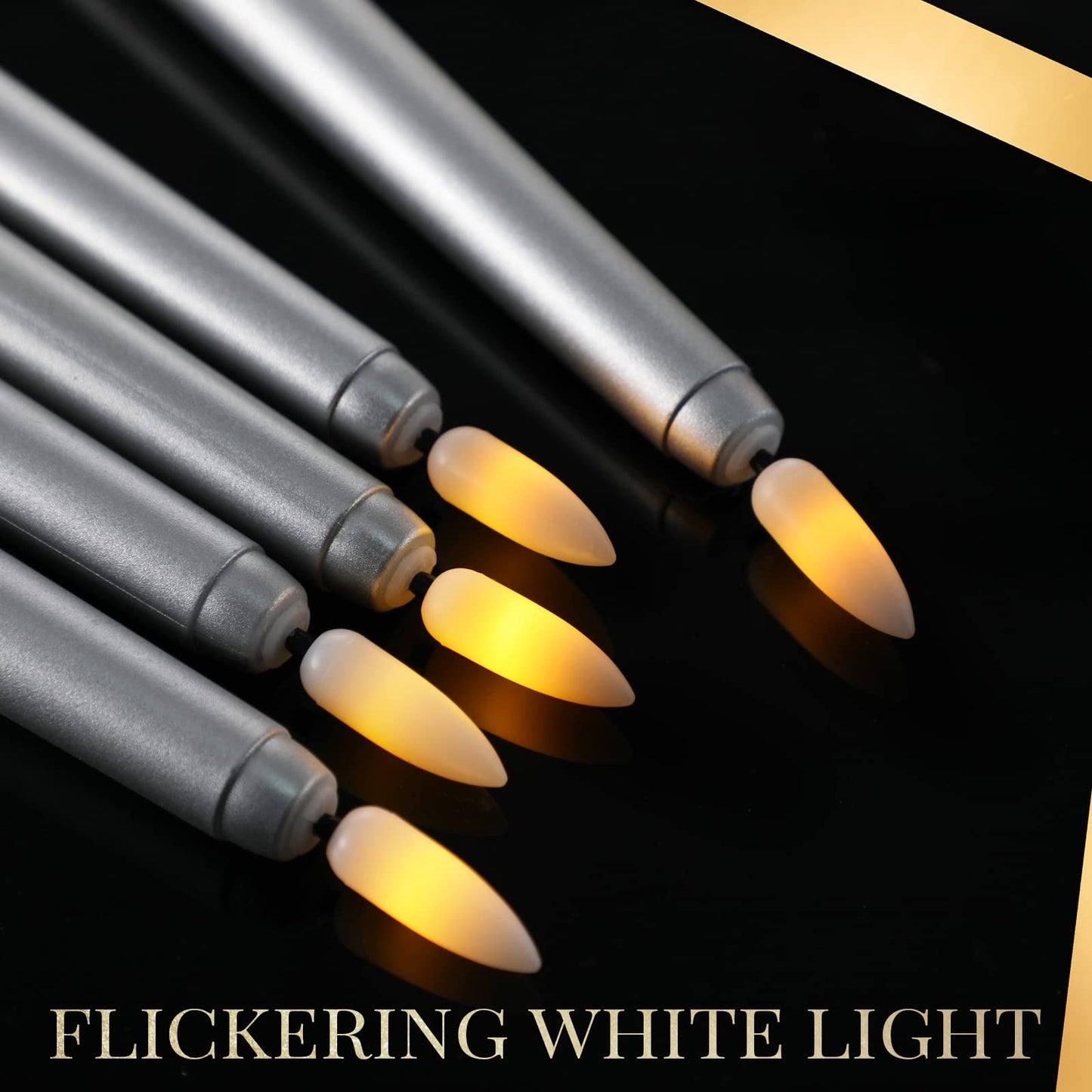 Macarrie 24 Packs Flameless Taper Candles Battery Operated Fake 11 Inch Long Candlelight LED Flameless Candlesticks Flickering Tapered for Spring Summer Wedding(Silver)