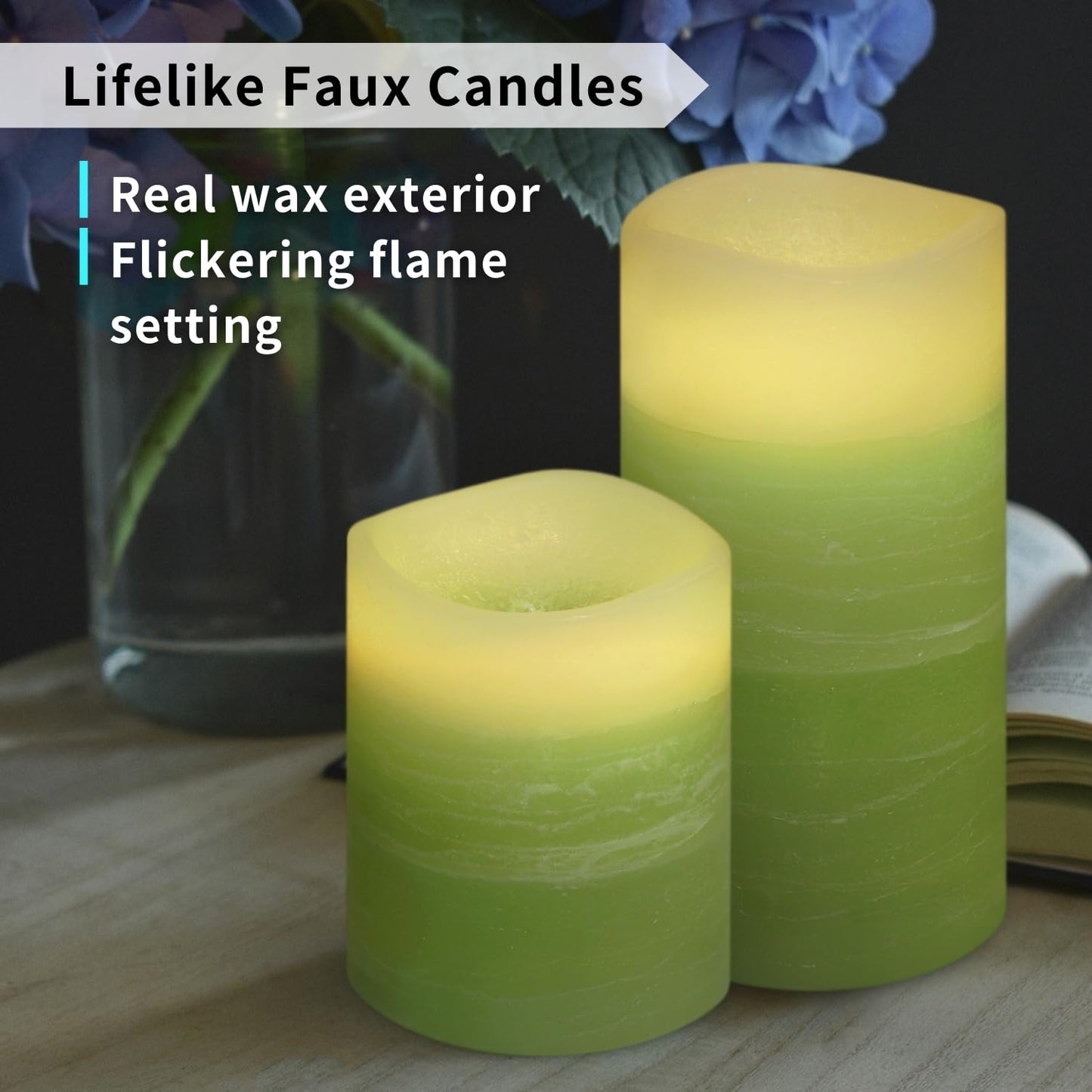 FURORA LIGHTING Green Ombre Flameless Candles - Real Wax, Adjustable Brightness, Remote & Timer - 4 Pillars (3x4, 3x6) and 4 Votives, 8-Pack, Battery Operated