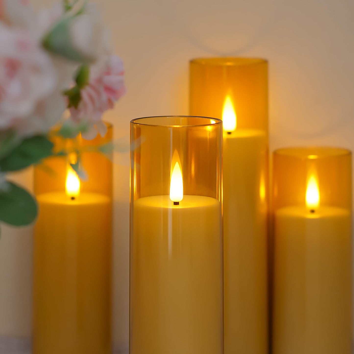 Yeelida Acrylic Flameless Flickering Candles with Remote Control and Timer, Battery Operated LED Fake 2.2" x 5",6",7",8",8" Plastic Pillar Candles for Home Decor(Long-Lasting, Gold)
