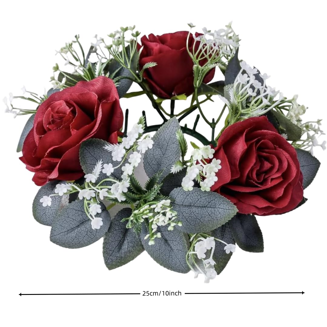 2 Pcs Artificial Rose Candle Rings Holder,Christmas Floral Wreaths with Eucalyptus Leaves Greenery Candle Rings for Pillar Candle Lantern Wedding Centerpiece Party Home Table Decor (Red)