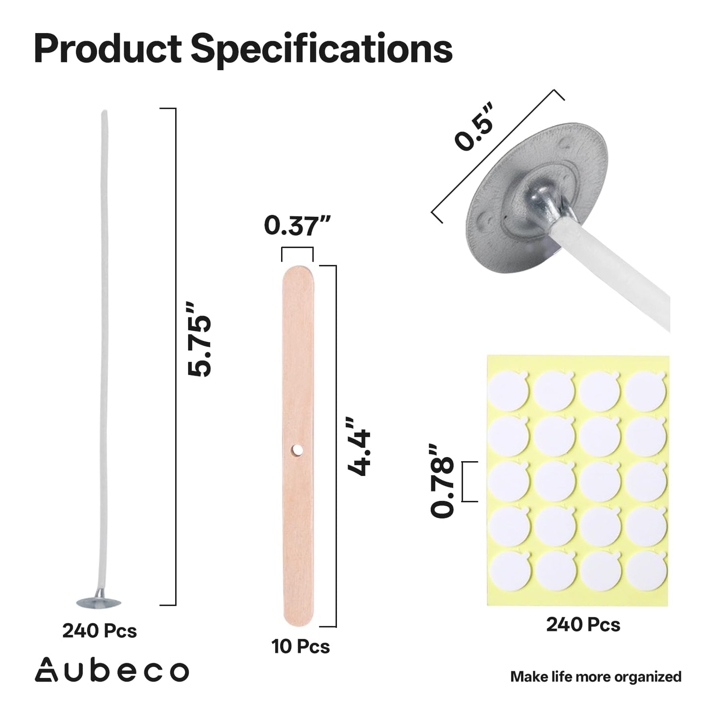 Aubeco 240Pcs 6 Inch Pre Waxed Candle Wick with 240Pcs Wick Stickers and 10Pcs Candle Wick Holders, Bulk Cotton Candle Wicks for Candle Making, Soy Wax