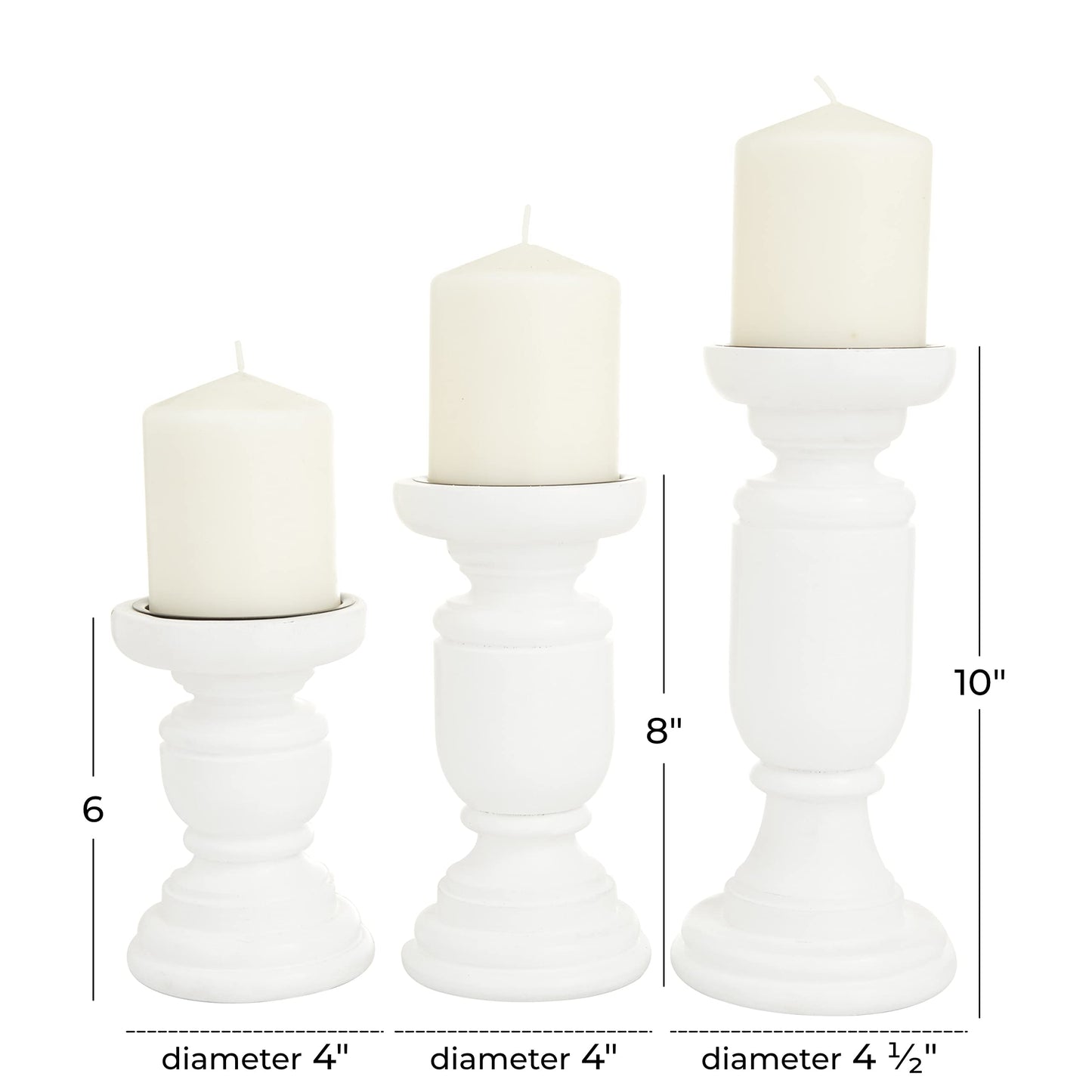 Deco 79 Mango Wood Turned Style Pillar Candle Holder, Set of 3 10", 8", 6"H, White