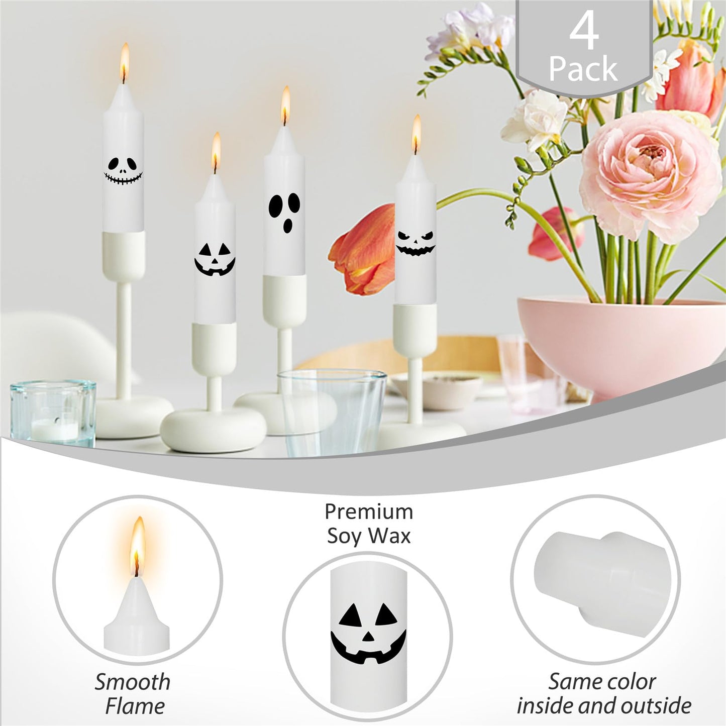 Spooky Taper Candles Halloween Candlesticks - 5 Inch White Candle Sticks Dripless Fat Candles with Eyes - Fall Table Centerpiece Haunted House Party Decorations Wedding Home Decor