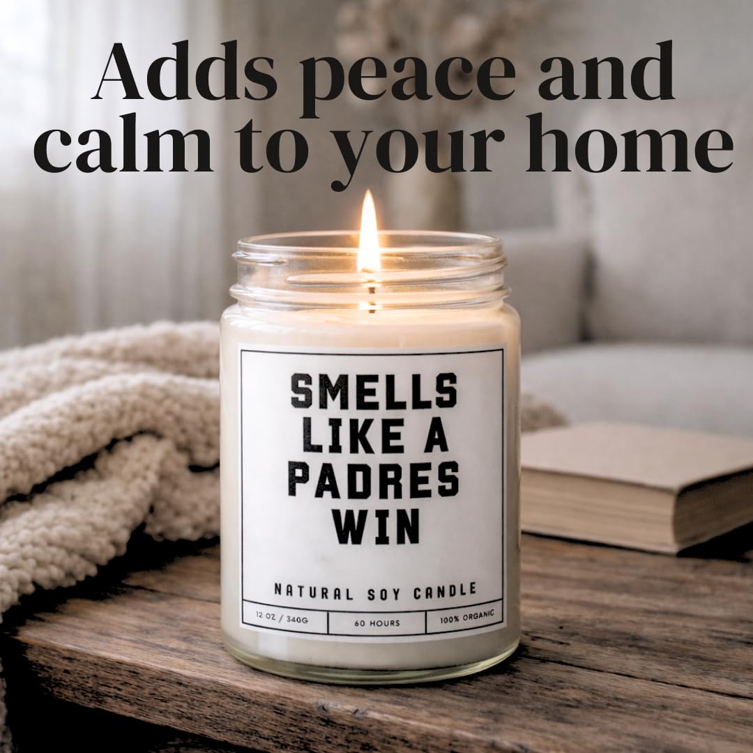 Smells Like a Padres Win Sports Candle- Scented Soy Wax Candle (8.0 oz) 50-60 Hour Burn Time, Cotton Wick, Frosted White Glass Jar, (Vanilla)