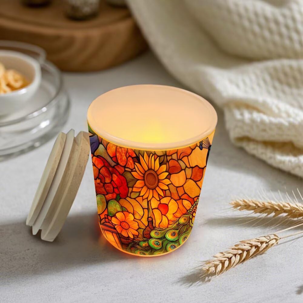 Stained Glass Peacock Tea Light Candle Holders, Thanksgiving Day Tealight Candle Holder Jar with Wooden Lid, Pumpkins Votive Candlesticks for Table Centerpieces, Christmas,Birthday Party