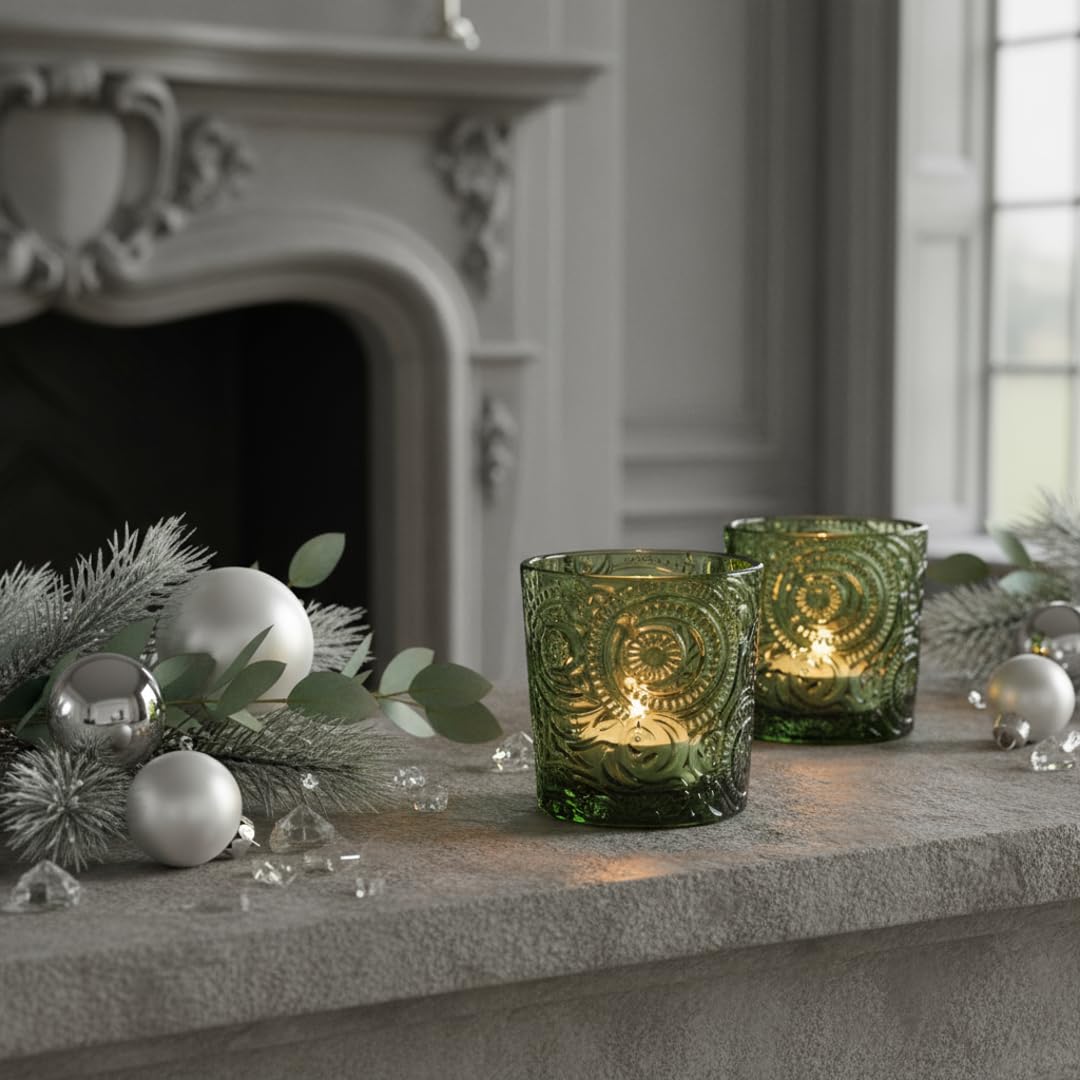 6 Pack Patented Sun Moon Star Embossed Glass Tea Light Candle Holders - Unique Votive Candle Holders for Wedding, Party, and Table Centerpieces (Moss Green)