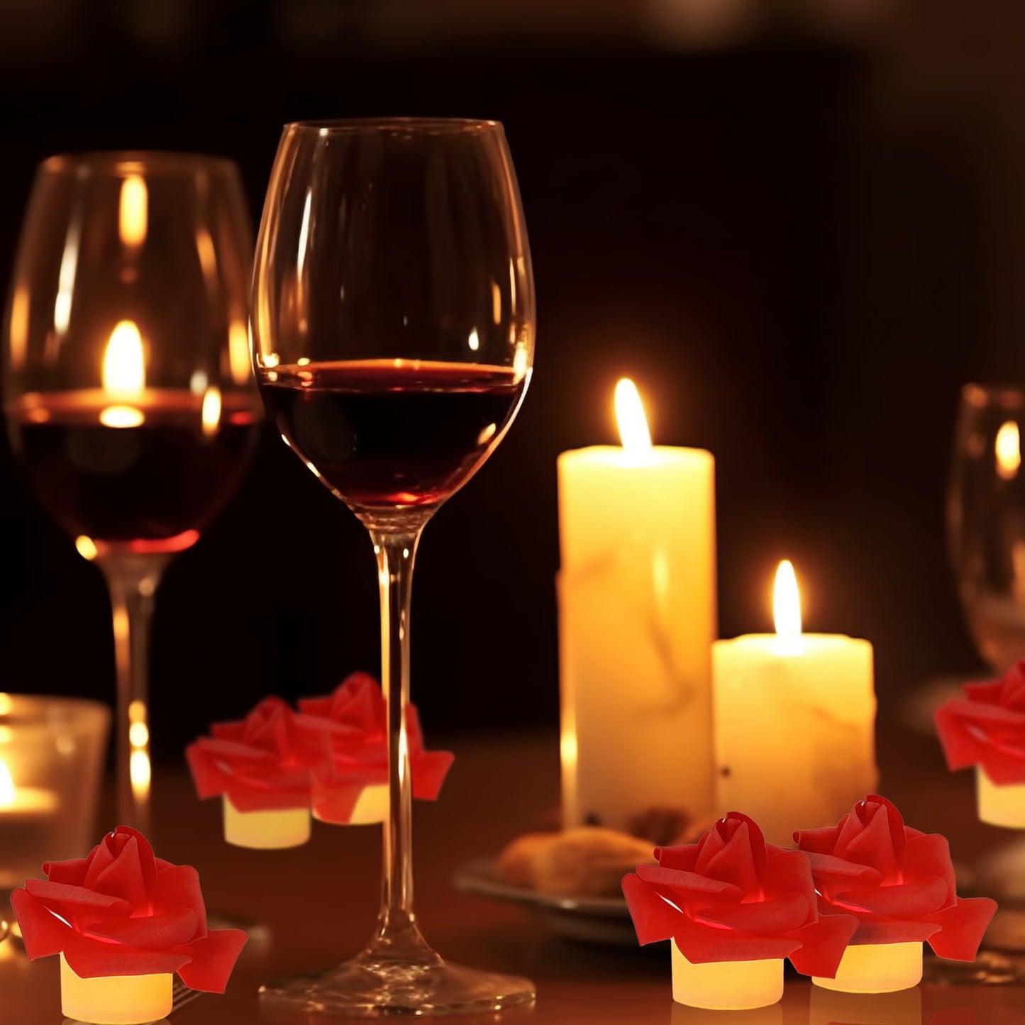 Della Stella 9 Pack Battery Operated Tea Light Candles with Artificial Rose Petals, Romantic Flameless LED Candles for Valentine's Day, Weddings, Proposals, and Christmas Decor