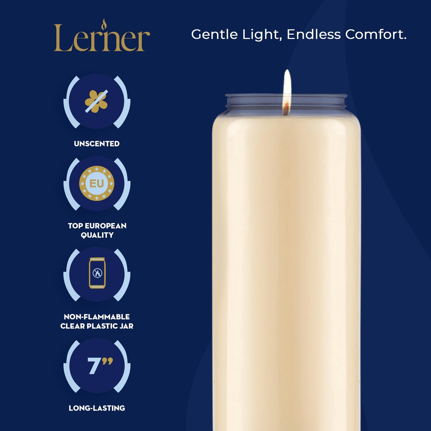 Lerner 9-Day Memorial Candles, 5 Pack, 7” Pillar Prayer Candle in Plastic Jar, Long-Lasting Smokeless Clean Burning Mourning & Shiva Candle for Vigils, Church, Synagogue, Jewish Yahrzeit Candles