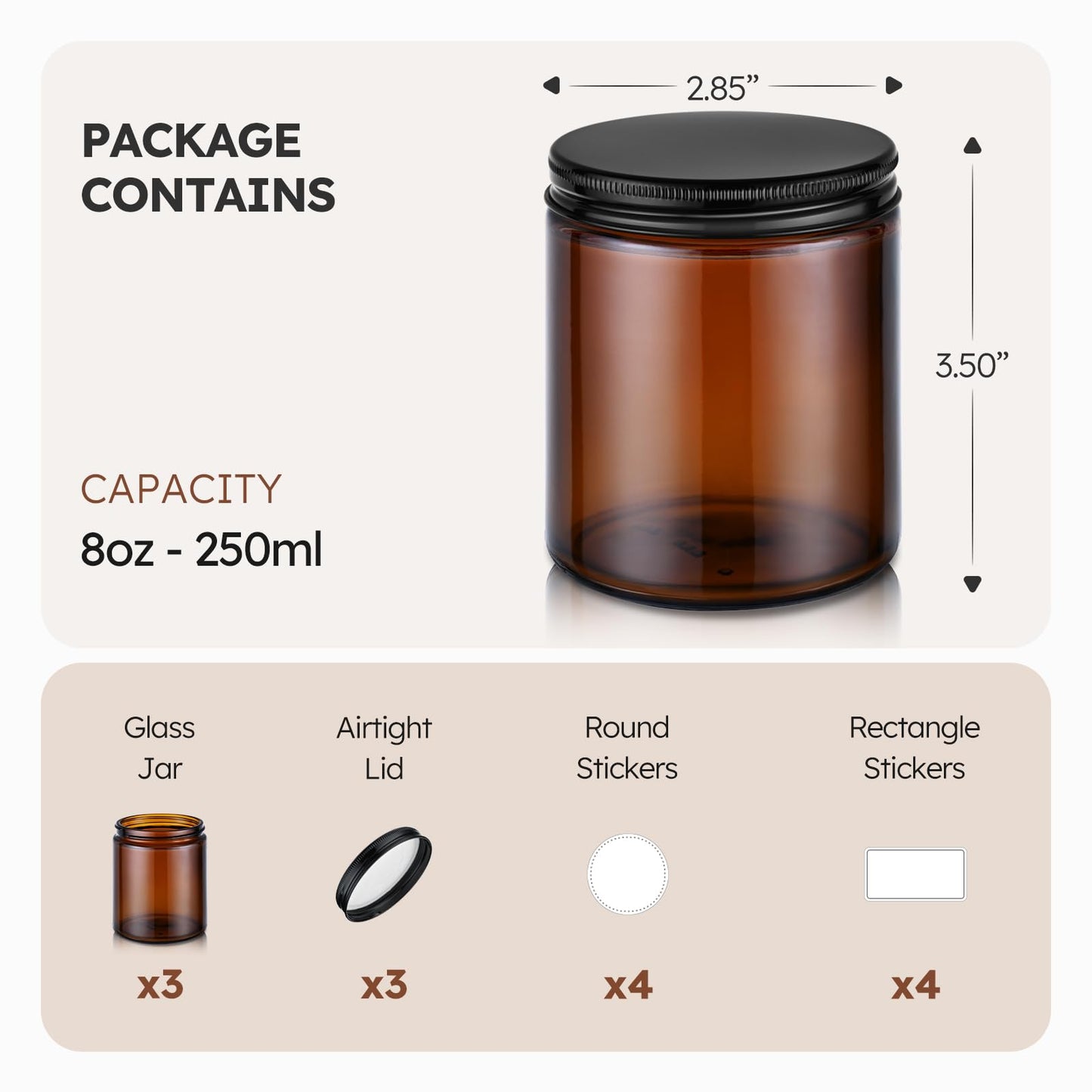 Tecohouse 8oz Amber Glass Jars with Metal Lids, 3 Pack Candle Jars with Blank Labels, 250g Wide Mouth | Lotion Container for Sample, Cream, Lotion, Honey, Powder, Jelly | Home & Beauty