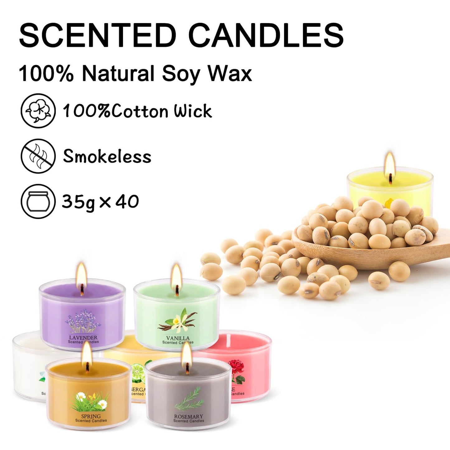 40 Scented Candle Set, 10 Fragrances, 35g Natural Soy Wax Candles with Smokeless Cotton Wicks, Ideal for Home Decor, Yoga, Meditation, Spa & Gifting.