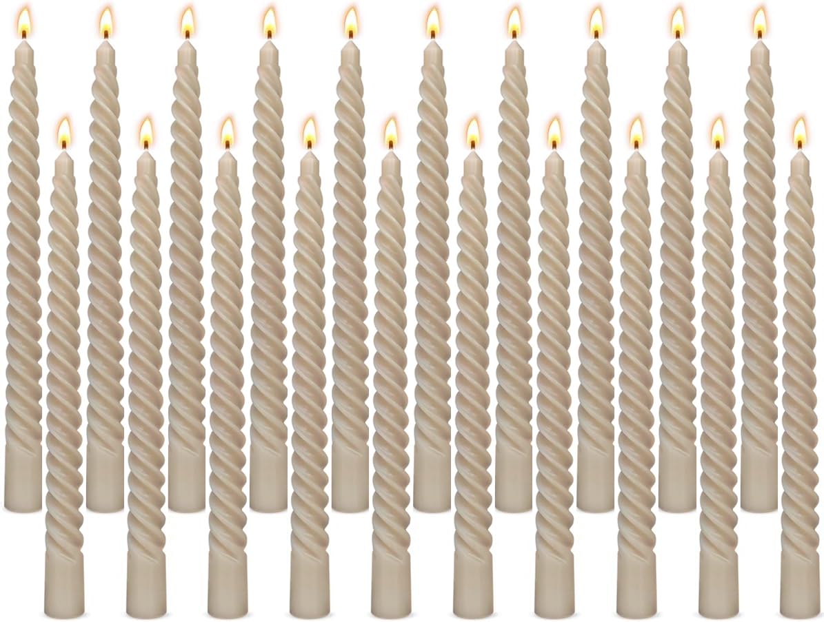 20 Pack 10 Inch Light-Mocha Spiral Taper Candles for Home Decor, Unscented Dripless Twisted Candlesticks for Weddings Dinner Holiday Decoration Formal Events