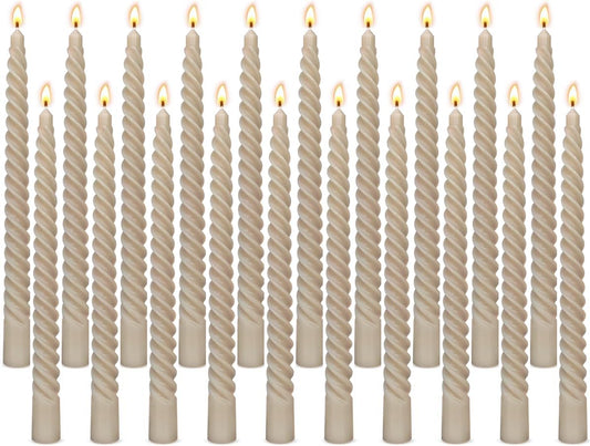 20 Pack 10 Inch Light-Mocha Spiral Taper Candles for Home Decor, Unscented Dripless Twisted Candlesticks for Weddings Dinner Holiday Decoration Formal Events