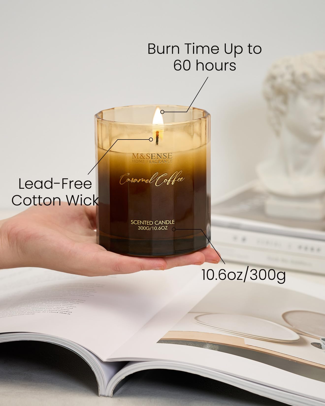 M&SENSE Caramel Coffee Candle for Home Scented, 10.6oz 60 Hours Burn Natural Soy Long Lasting Slow Burning Organic Aromatherapy Candle Housewarming Appreciation Gift for Women