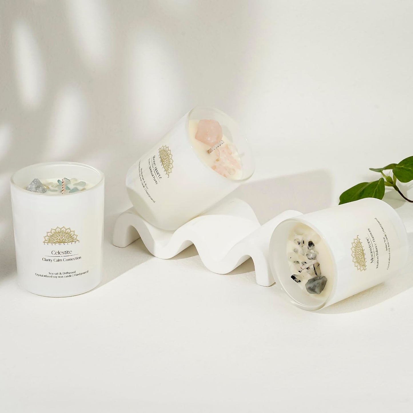 AvaConcept Healing Crystal Candle Gift Set – Set of 3 Celestite, Rose Quartz & Moonstone Hand-Poured Soy Wax Sea Salt Driftwood, Blackcurrant Rose & Amber Noir Aromatherapy Scents Premium Gift Box
