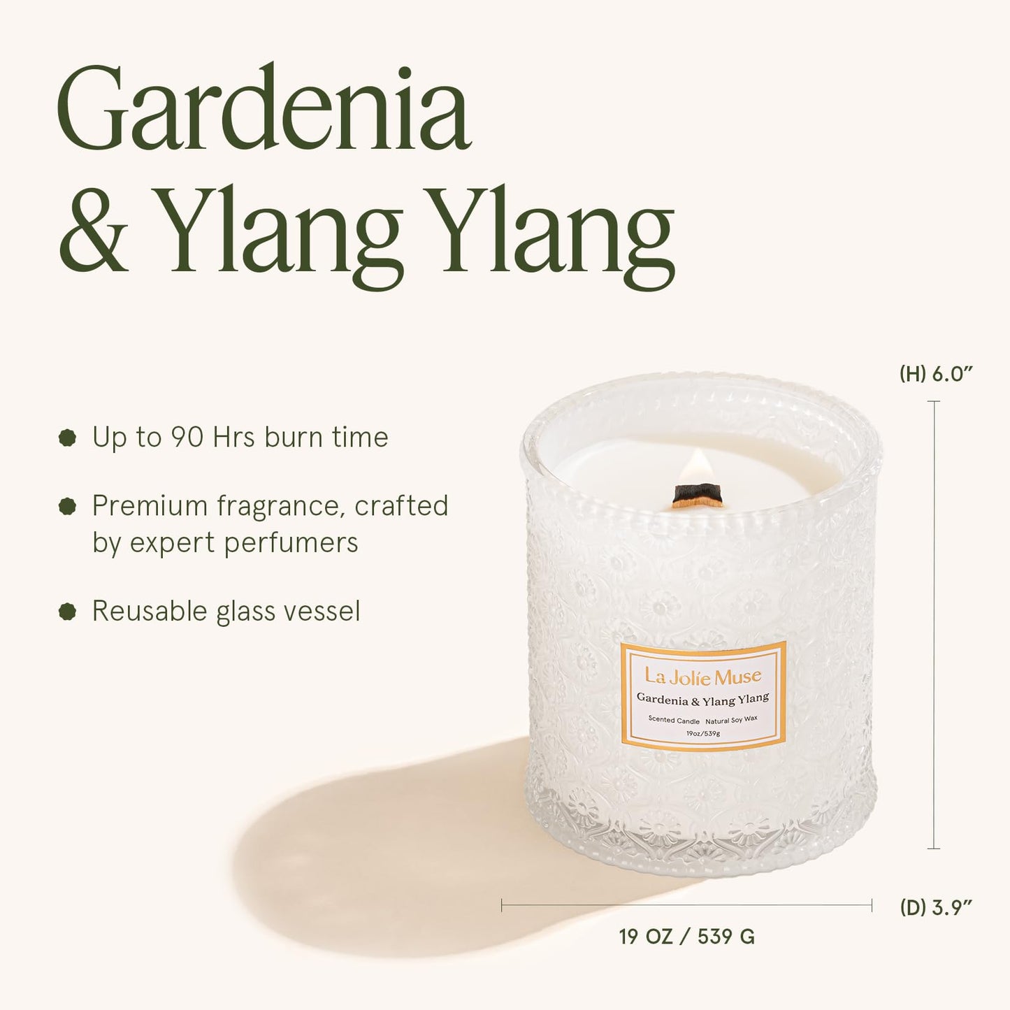 LA JOLIE MUSE Gardenia & Ylang Ylang Scented Candle for Home | 19 oz Non Toixc Natural Soy Floral Candle | Large Jar Candle for Women | Luxury Gifts for Mom | Wood Wick