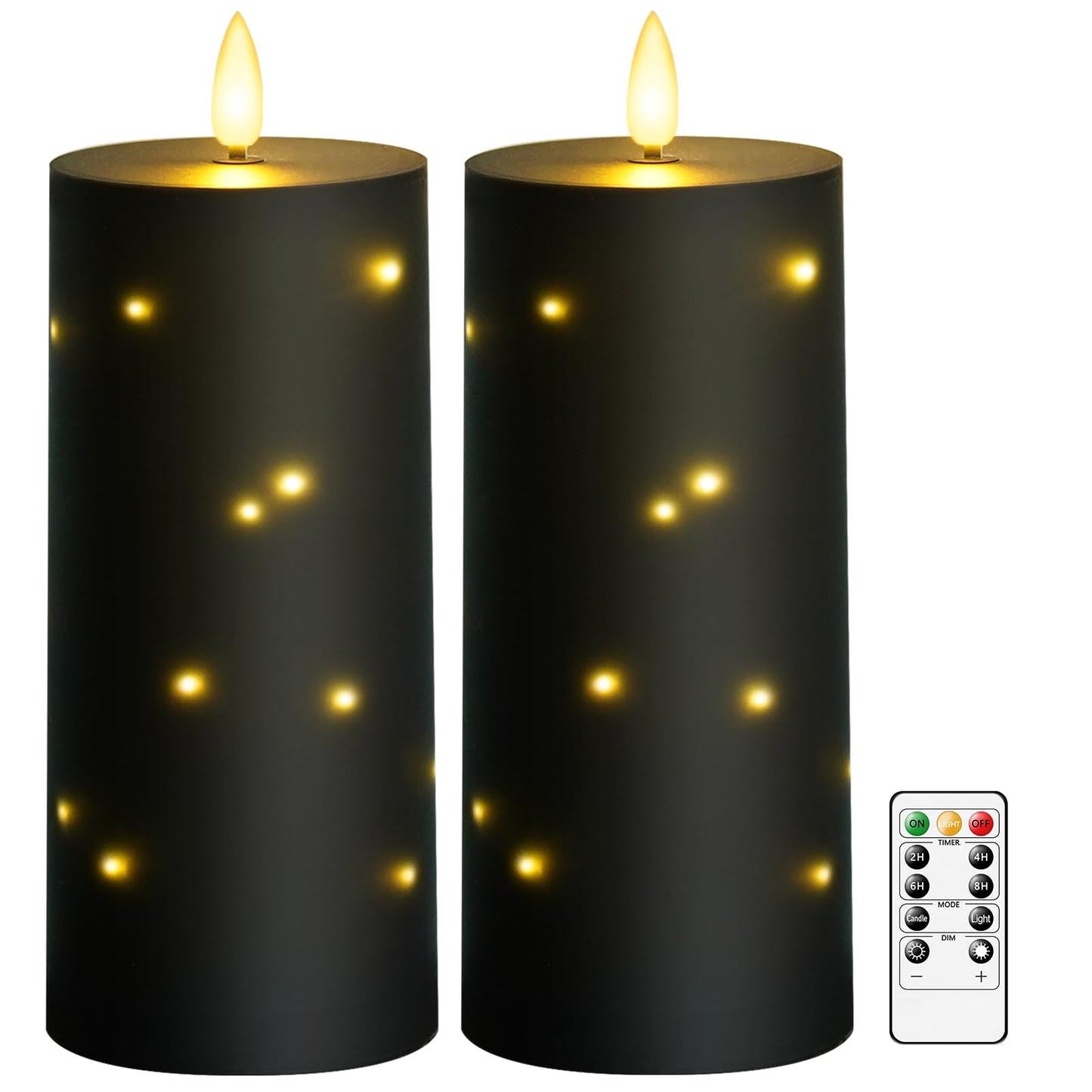 kakoya 10" x 4" Large Outdoor Waterproof Flickering Flameless Candles with Timer,2Pcs Battery Operated LED Pillar Candles with Embedded Star String for Outdoor Lanterns,Porch,Patio Decor(Black)