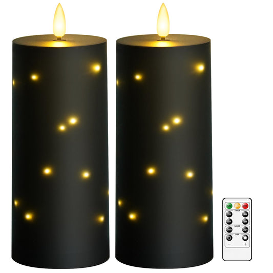 kakoya 10" x 4" Large Outdoor Waterproof Flickering Flameless Candles with Timer,2Pcs Battery Operated LED Pillar Candles with Embedded Star String for Outdoor Lanterns,Porch,Patio Decor(Black)