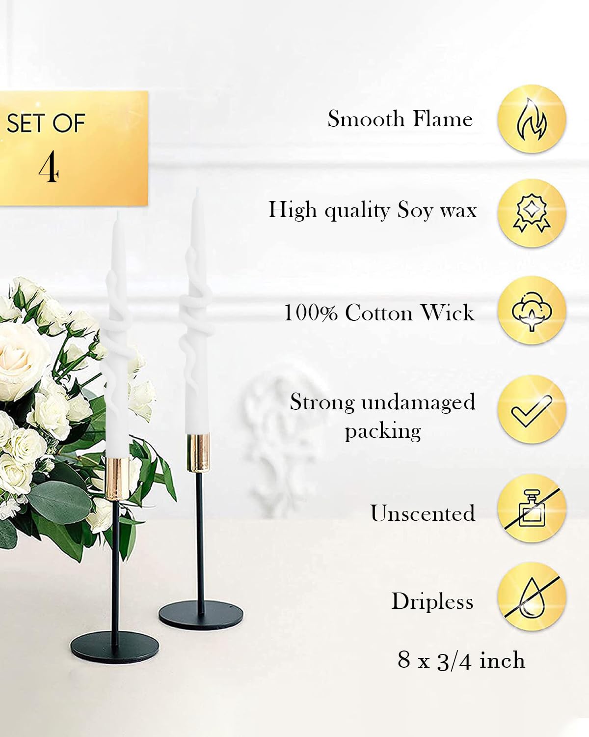 LPUSA White Taper Candle Candlestick Snake Soy Candles Unscented Wedding Party Wax Unscented Dinner Candle Dripless,8 inch,Set of 4,Snake