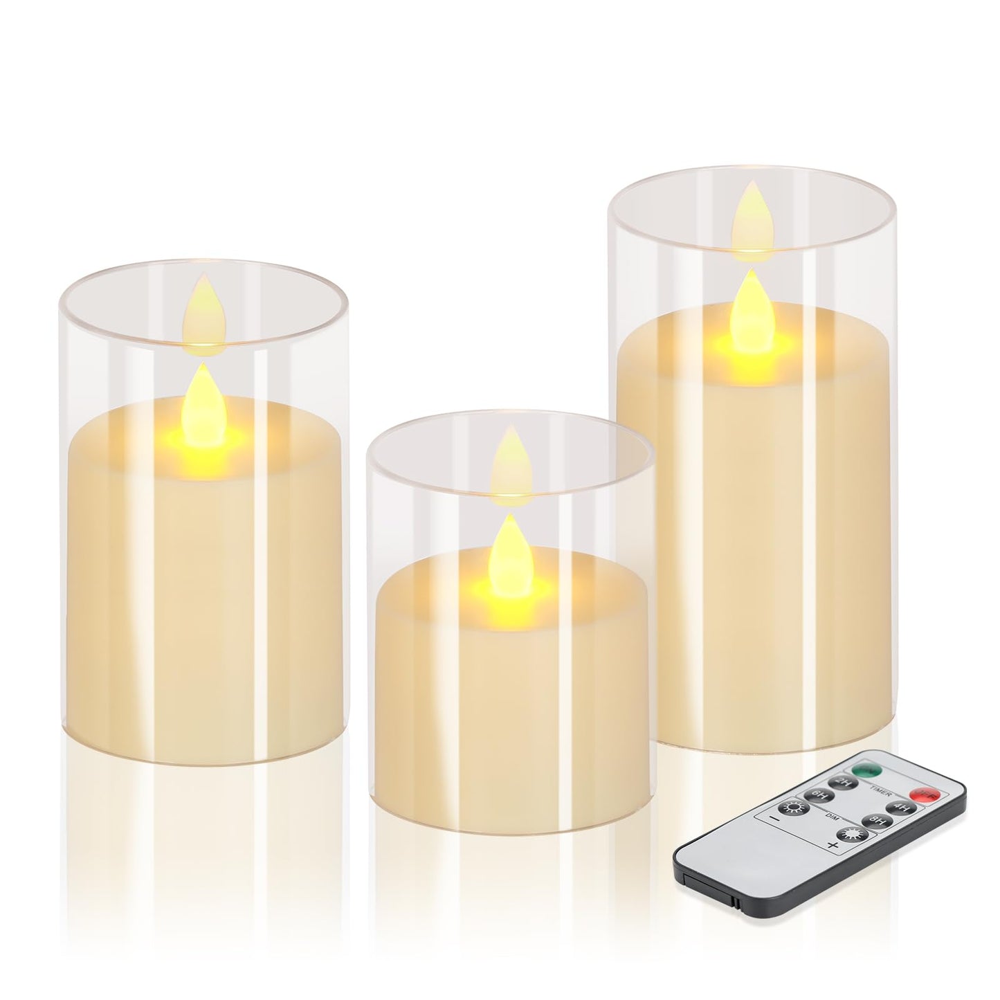 wemarry Flameless Candles 4" 5" 6" Acrylic Glass Pillars 3" Diameter Battery Operated Flickering Candles Include 8-Key Remote with Timer Function 400+ Hours (Pure White, Warm Light 3 Pack)