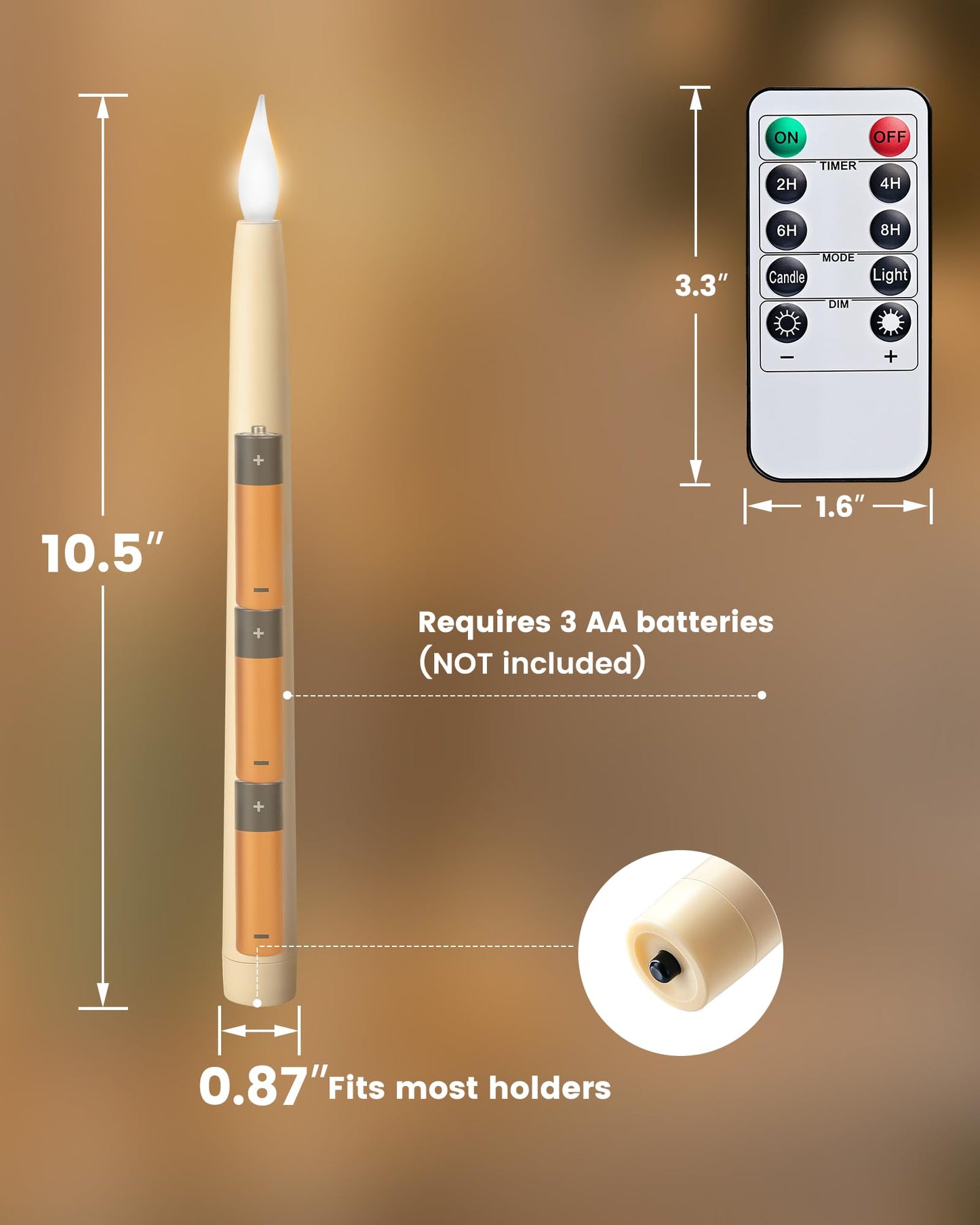 SURAIELEC 10.5'' Flameless Ivory Taper Candles, Battery Operated Candle with Remote, Timer, Dimmer, 5000K Cool Clear White, Realistic LED Candle for Party, Halloween & Christmas Decoration, 6 Pack