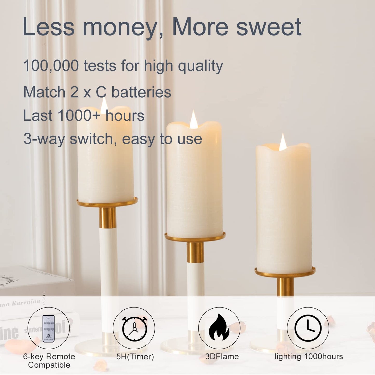 TECHLONG Flickering Flameless Candles with 3D Moving Flame Set of 3(H 5" 6" 7" x D 3"), Last 1000+ Hours Battery Operated Candles with Remote Timer, Ivory Real Wax Electric LED Pillar Candles
