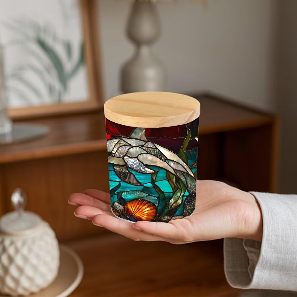 Stained Glass Dolphins Tea Light Candle Holders, Starfishes Tealight Candle Holder Jar with Wooden Lid, Ocean Votive Candlesticks for Table Centerpieces, Christmas,Birthday Party,Home Decor