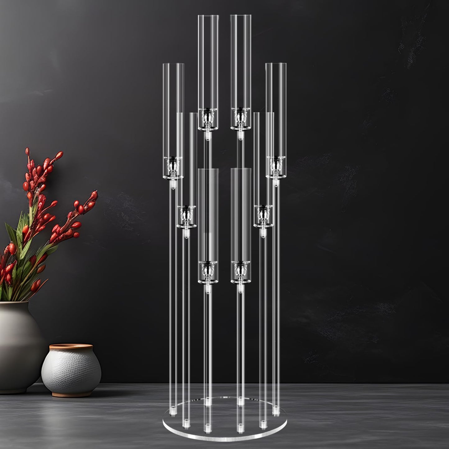 Cheloment 8 Arms Acrylic Candelabra Centerpieces for Tables, 38.5" Tall Clear Candle Holder for Wedding Dinner Party and Home Decor,Candlesticks Holder with LED Candles